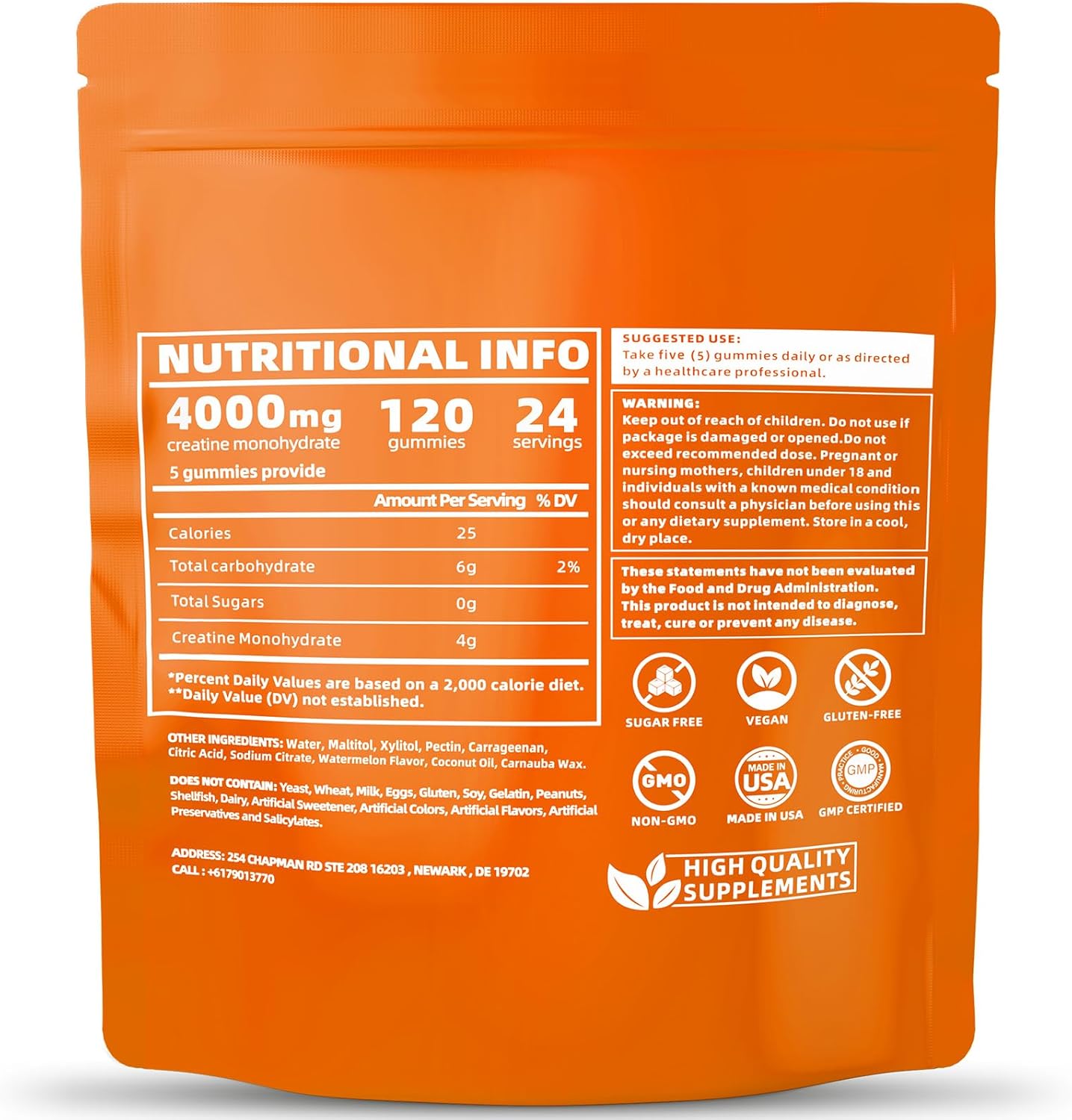 Orange Vegan Creatine Monohydrate Gummies - 4g per Serving - Pre-Workout Supplement for Men & Women - Sugar Free - 120 Count