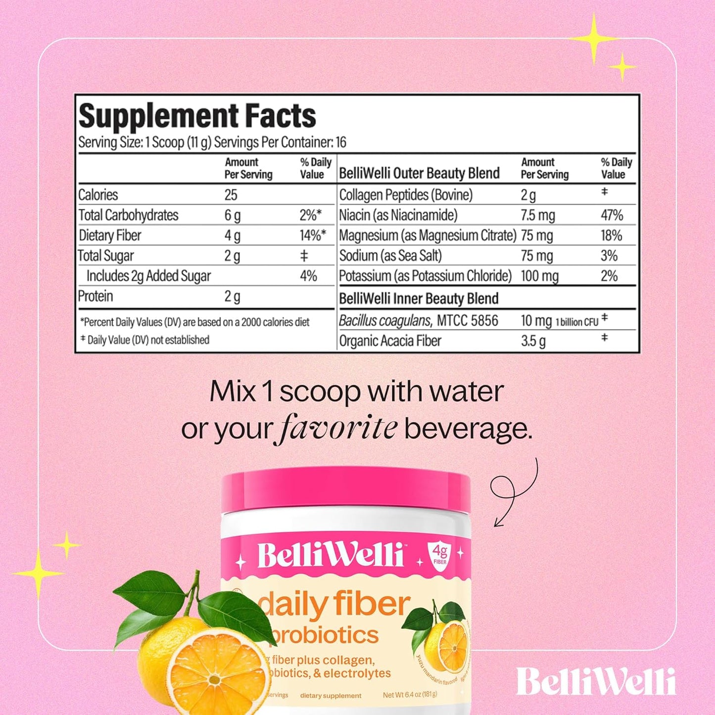 Orange Yuzu Mandarin Daily Fiber Supplement Powder with Collagen, Probiotics & Electrolytes - Supports Digestive Health, Gut Balance, Debloating - 16 Servings