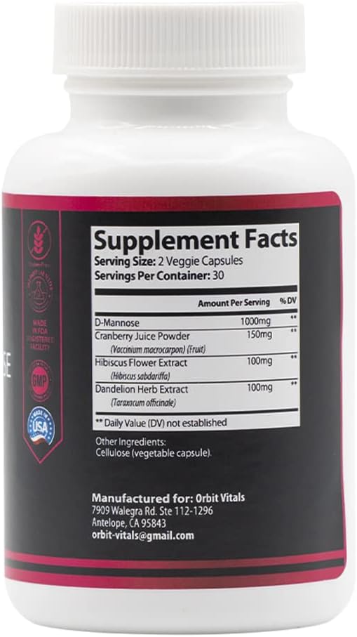 Orbit Vitals D-Mannose Capsules with Cranberry, Dandelion & Hibiscus - Supports Bladder & Urinary Tract Health, Flushes Impurities - Gluten Free & Non GMO - 60 Count