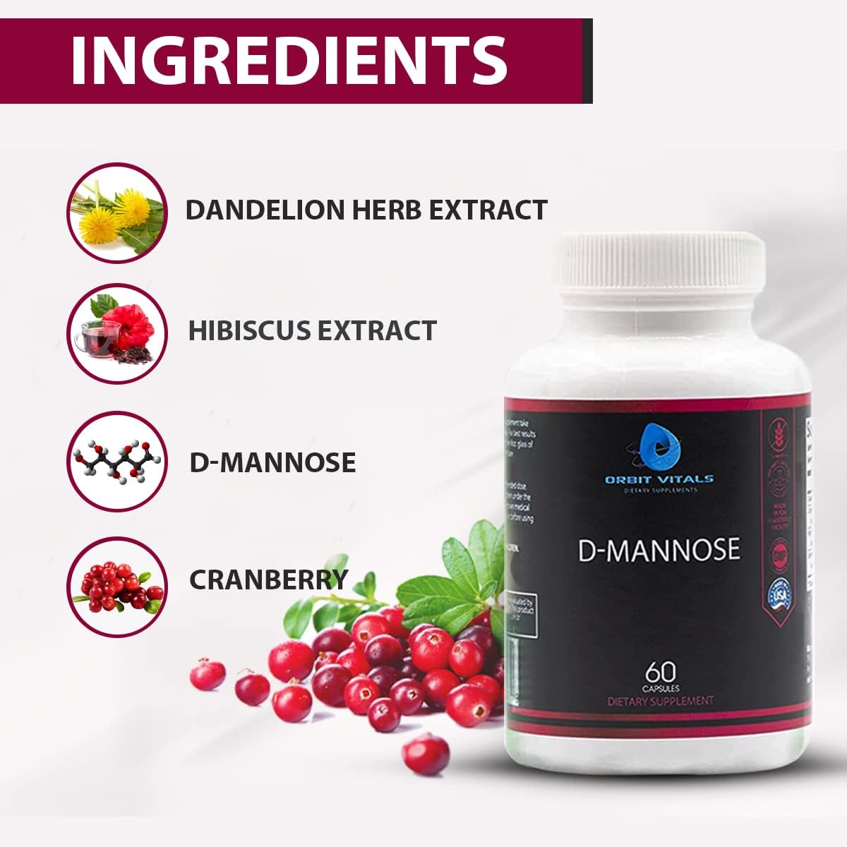 Orbit Vitals D-Mannose Capsules with Cranberry, Dandelion & Hibiscus - Supports Bladder & Urinary Tract Health, Flushes Impurities - Gluten Free & Non GMO - 60 Count