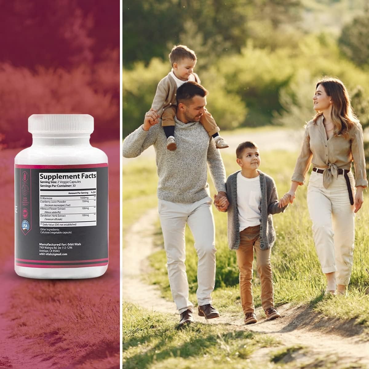 Orbit Vitals D-Mannose Capsules with Cranberry, Dandelion & Hibiscus - Supports Bladder & Urinary Tract Health, Flushes Impurities - Gluten Free & Non GMO - 60 Count