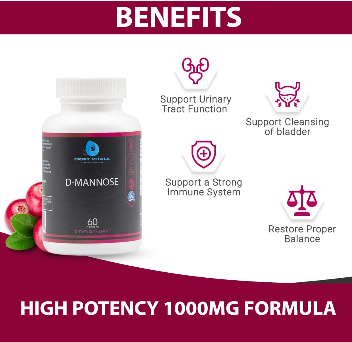 Orbit Vitals D-Mannose Capsules with Cranberry, Dandelion & Hibiscus - Supports Bladder & Urinary Tract Health, Flushes Impurities - Gluten Free & Non GMO - 60 Count