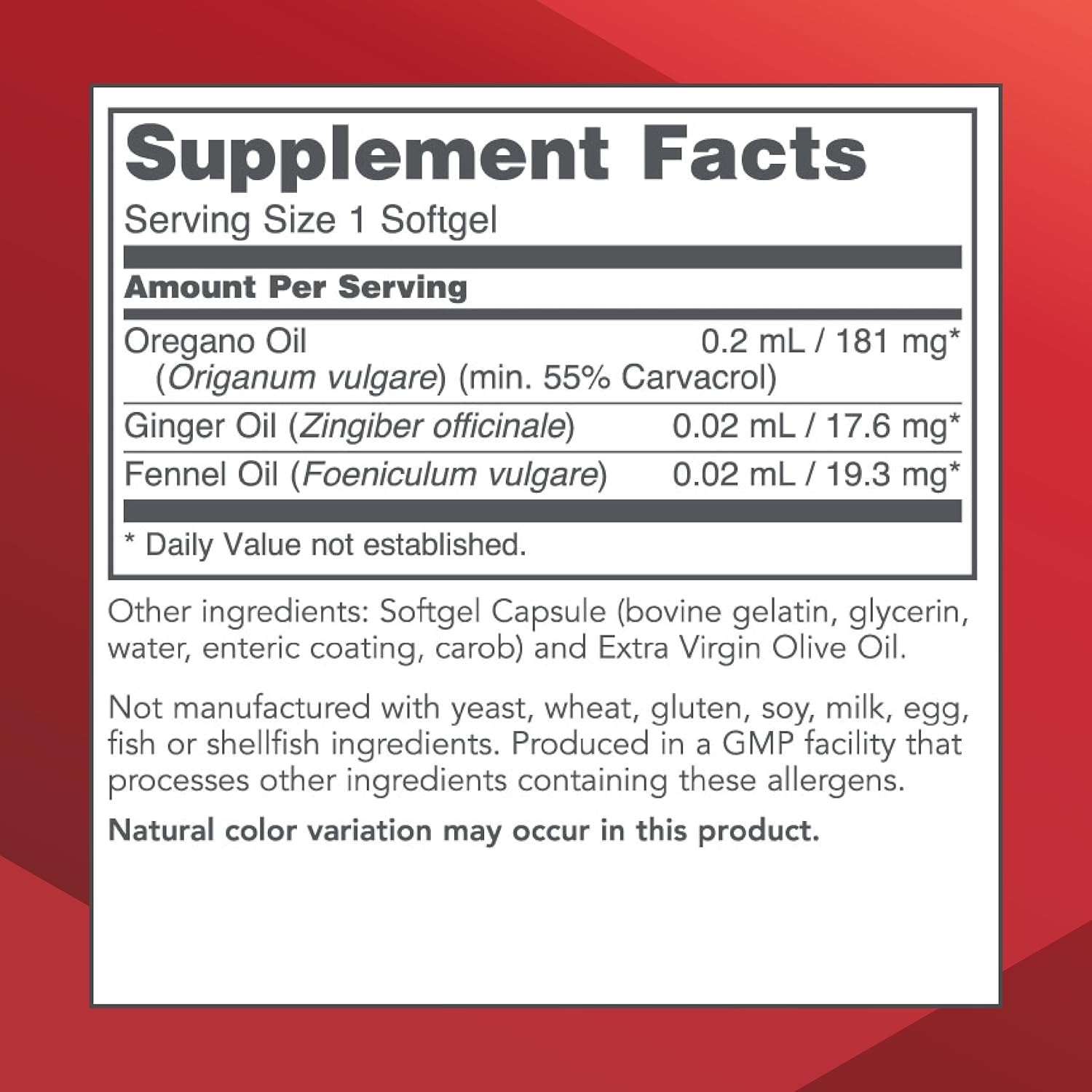 Oregano Oil Softgels with Ginger and Fennel Oil for Intestinal Support - 90 ct - Dairy and Egg Free