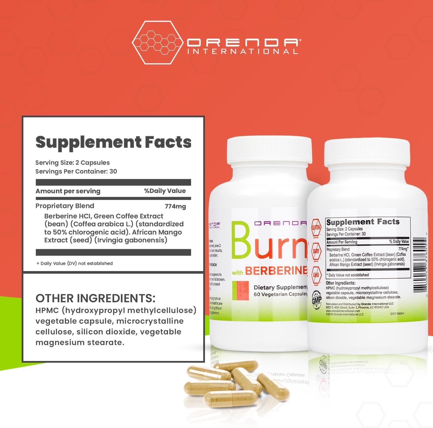 Orenda Burn Supplement - Berberine HCI, Green Coffee Extract, African Mango - Cardiovascular Support - 60 Capsules