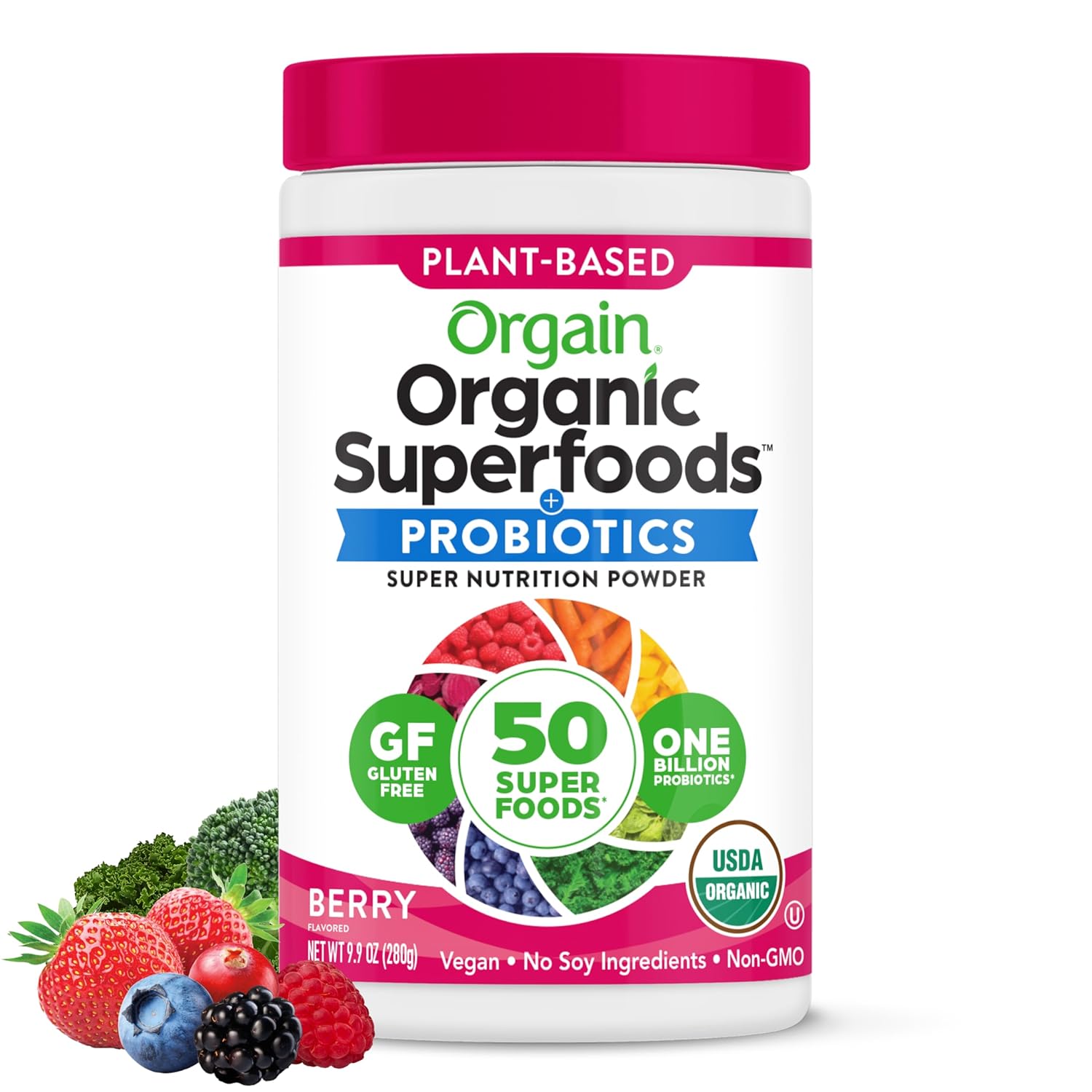 Orgain Berry Organic Greens Powder with 50 Superfoods, 1 Billion Probiotics, Antioxidants, Vegan, Plant-Based, Gluten-Free, Non-GMO - Green Juice & Smoothie Mix