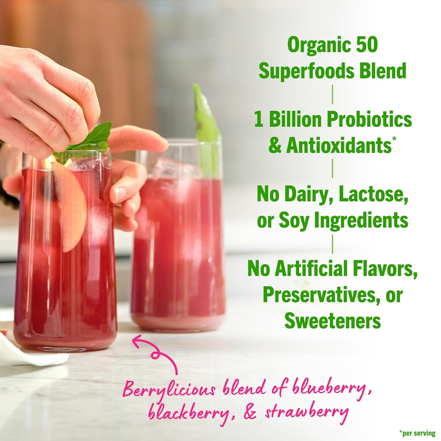 Orgain Berry Organic Greens Powder with 50 Superfoods, 1 Billion Probiotics, Antioxidants, Vegan, Plant-Based, Gluten-Free, Non-GMO - Green Juice & Smoothie Mix