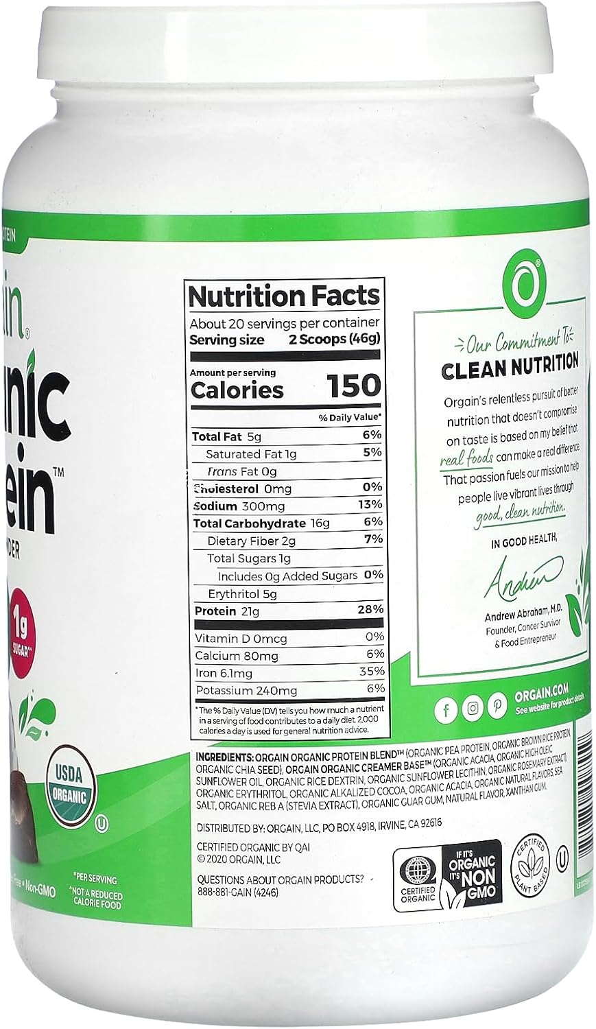 Orgain Chocolate Coconut Vegan Protein Powder - 2 lb Organic Plant-Based Supplement