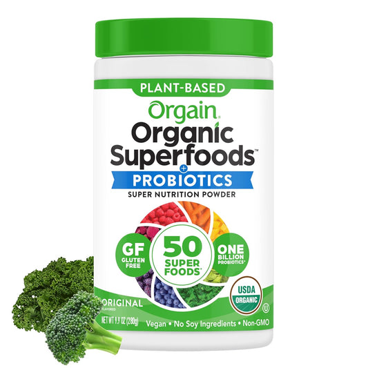 Orgain Organic Greens Powder with 50 Superfoods, 1 Billion Probiotics - Antioxidants, Vegan, Plant-Based, Gluten-Free, Non-GMO - Green Juice & Smoothie Mix
