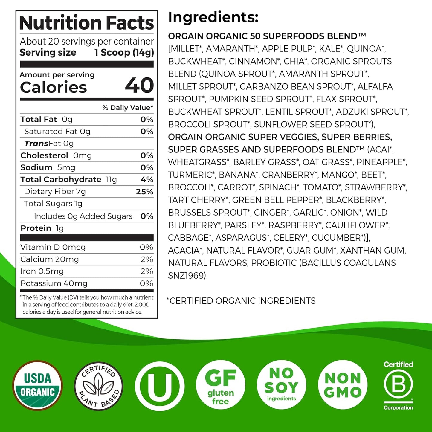 Orgain Organic Greens Powder with 50 Superfoods, 1 Billion Probiotics - Antioxidants, Vegan, Plant-Based, Gluten-Free, Non-GMO - Green Juice & Smoothie Mix