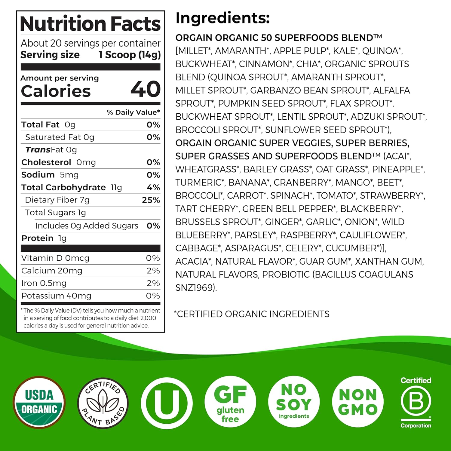 Orgain Organic Greens Powder with 50 Superfoods, 1 Billion Probiotics - Antioxidants, Vegan, Plant-Based, Gluten-Free, Non-GMO - Green Juice & Smoothie Mix