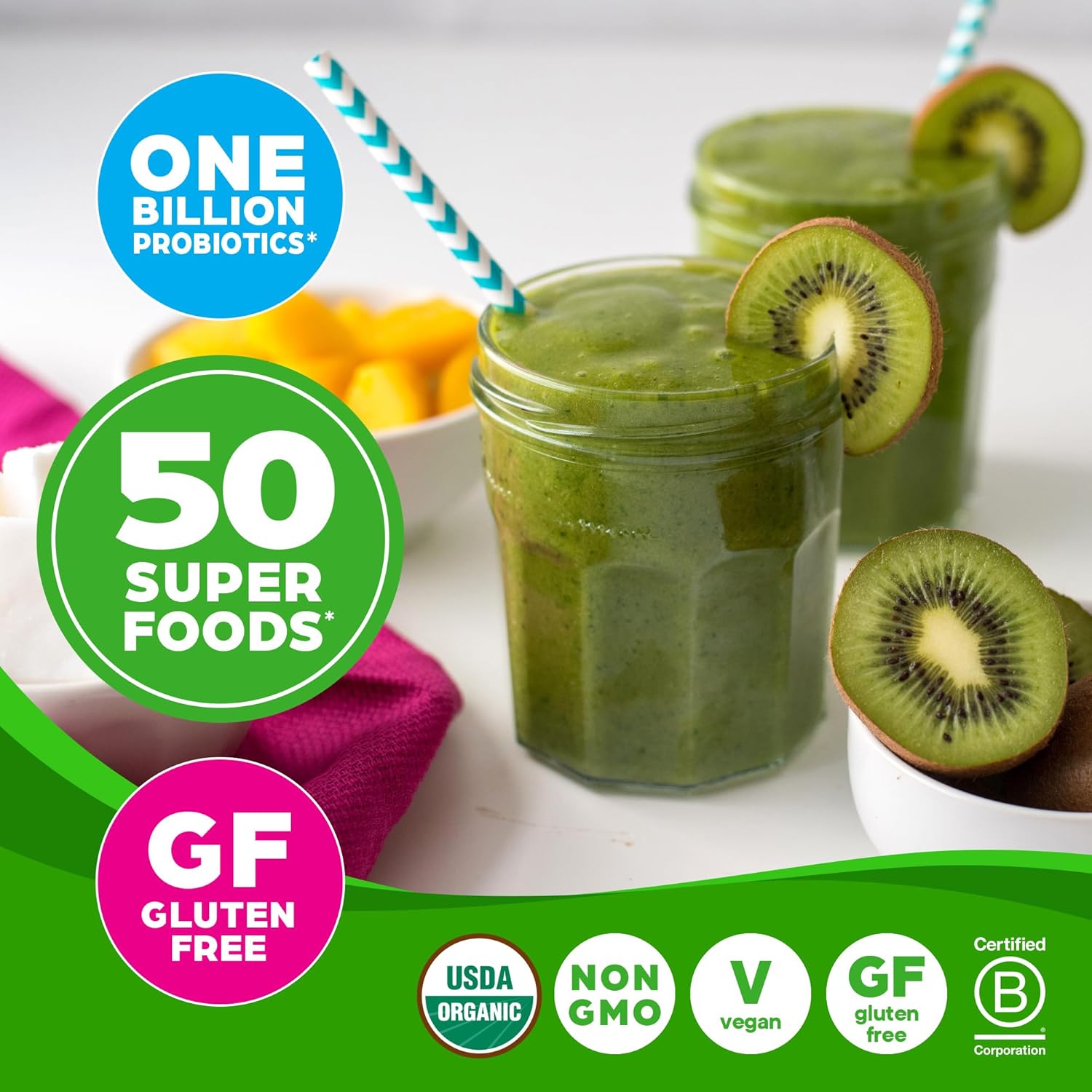 Orgain Organic Greens Powder with 50 Superfoods, 1 Billion Probiotics - Antioxidants, Vegan, Plant-Based, Gluten-Free, Non-GMO - Green Juice & Smoothie Mix