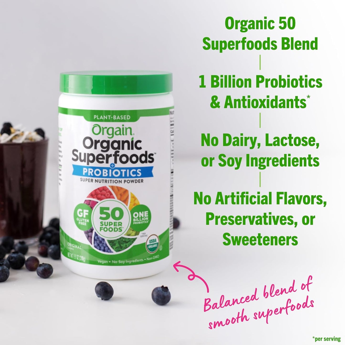 Orgain Organic Greens Powder with 50 Superfoods, 1 Billion Probiotics - Antioxidants, Vegan, Plant-Based, Gluten-Free, Non-GMO - Green Juice & Smoothie Mix