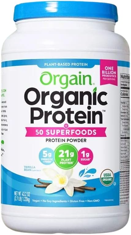 Orgain Organic Vanilla Bean Plant Based Protein Powder - Vegan, Non-GMO, Gluten Free - 2.74 Pound Container