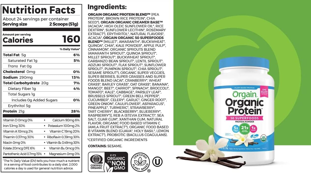 Orgain Organic Vanilla Bean Plant Based Protein Powder - Vegan, Non-GMO, Gluten Free - 2.74 Pound Container