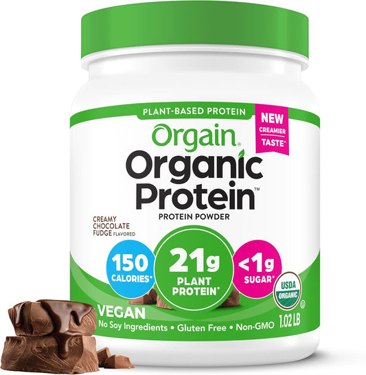 Orgain Organic Vegan Protein Powder, Creamy Chocolate Fudge - 21g Plant Protein, 7g Fiber, Non-GMO, No Lactose, No Added Sugar - 1.02 lb Pack
