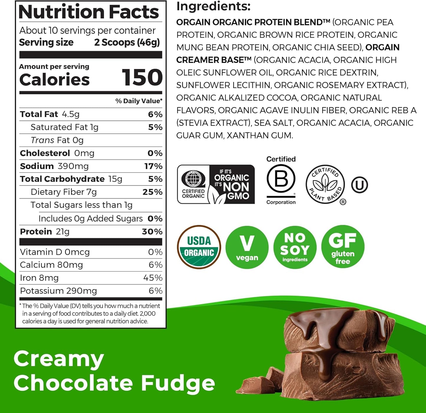 Orgain Organic Vegan Protein Powder, Creamy Chocolate Fudge - 21g Plant Protein, 7g Fiber, Non-GMO, No Lactose, No Added Sugar - 1.02 lb Pack