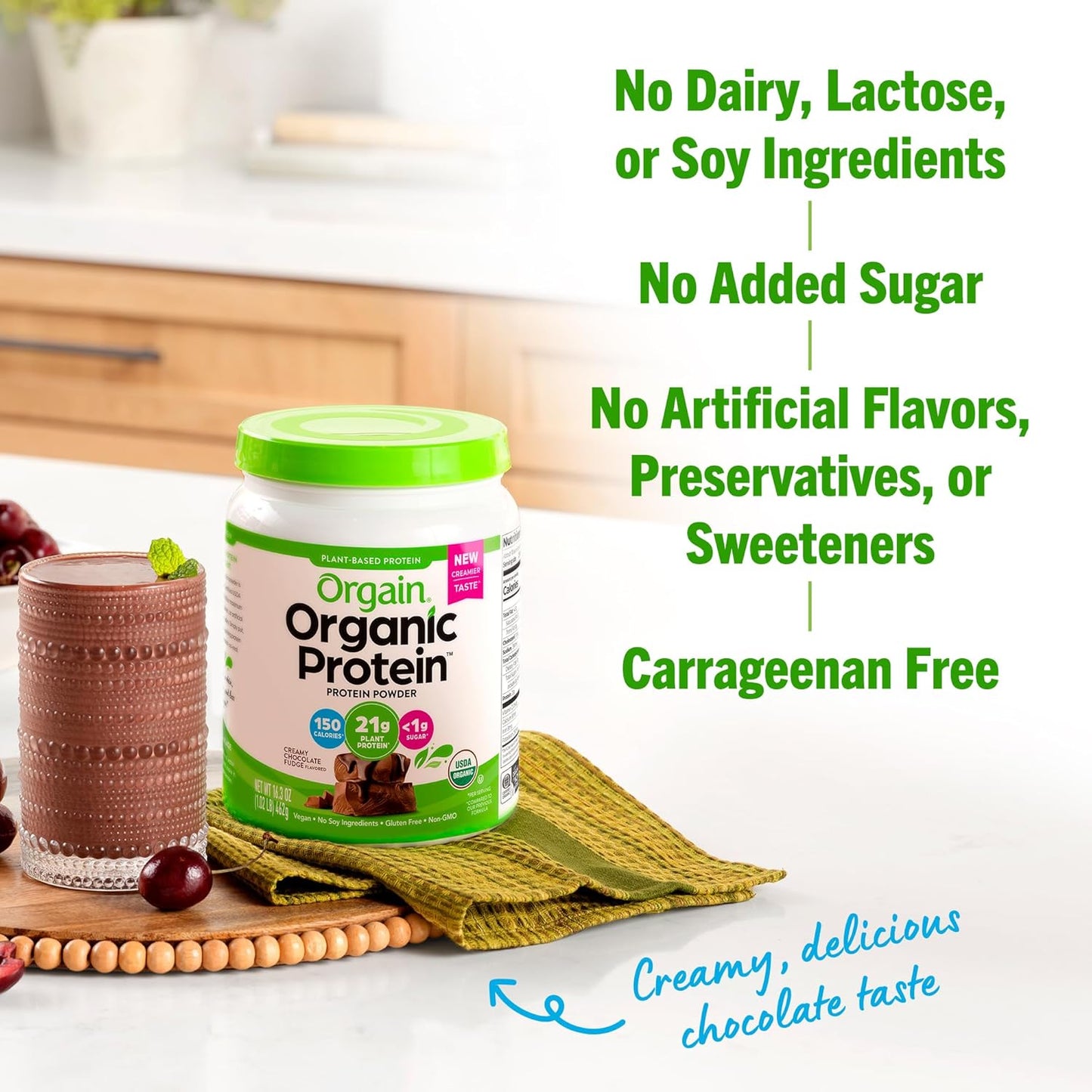 Orgain Organic Vegan Protein Powder, Creamy Chocolate Fudge - 21g Plant Protein, 7g Fiber, Non-GMO, No Lactose, No Added Sugar - 1.02 lb Pack