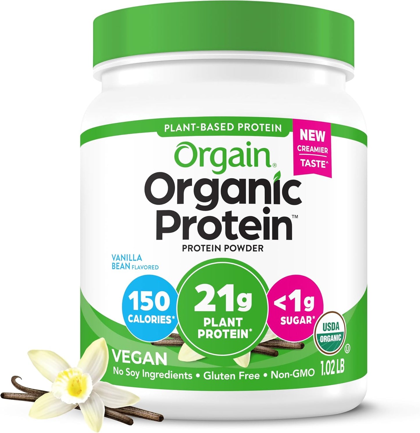 Orgain Organic Vegan Protein Powder, Vanilla Bean - 21g Plant-Based Protein, 4g Fiber, No Lactose, No Sugar, Non-GMO - 1.02 lb