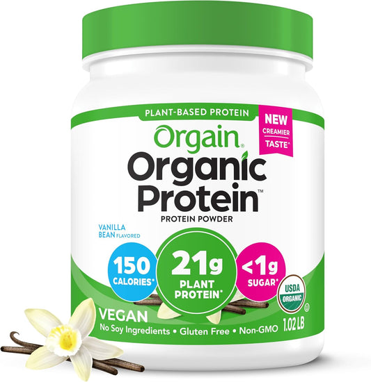 Orgain Organic Vegan Protein Powder, Vanilla Bean - 21g Plant-Based Protein, 4g Fiber, No Lactose, No Sugar, Non-GMO - 1.02 lb