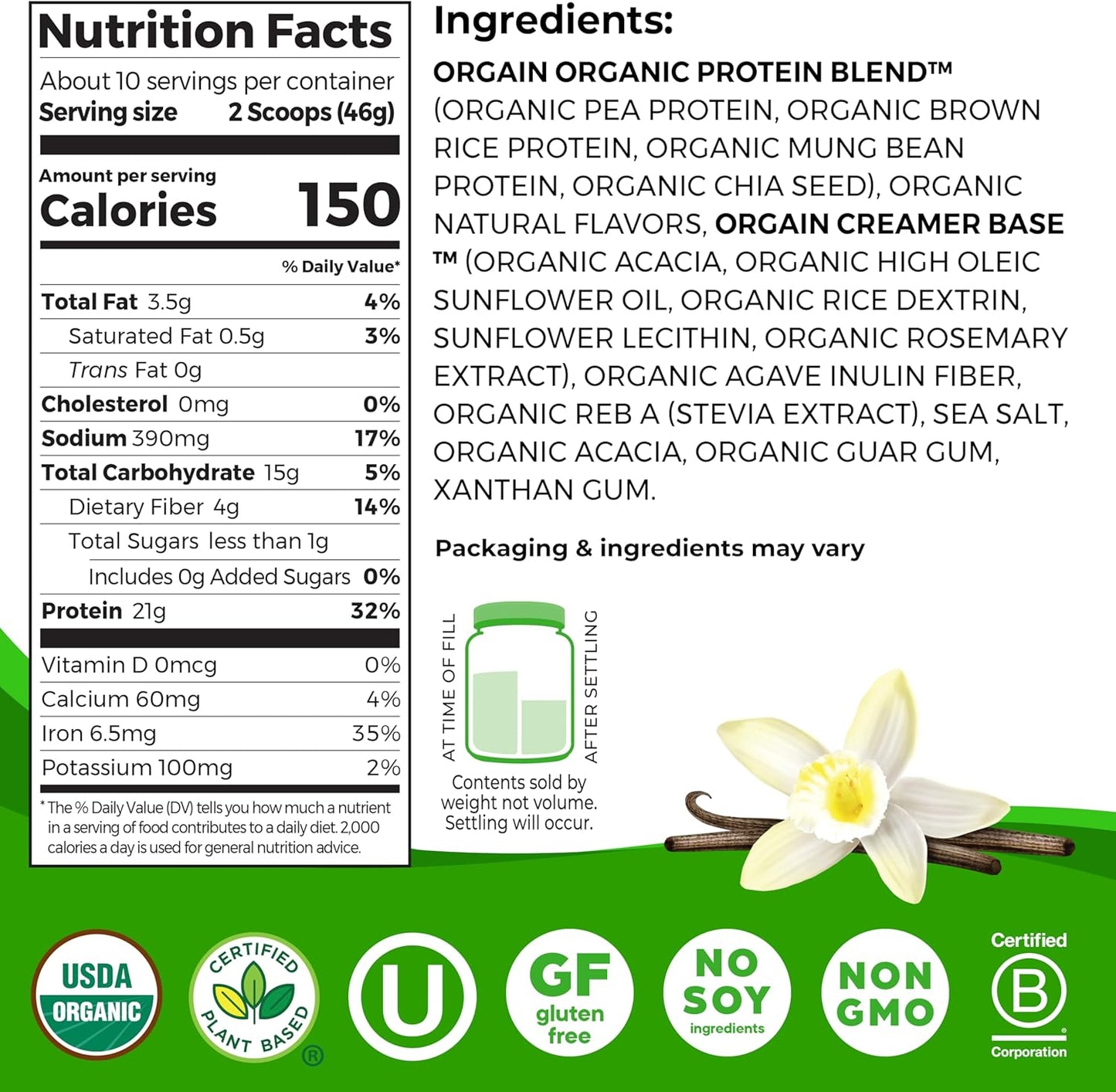 Orgain Organic Vegan Protein Powder, Vanilla Bean - 21g Plant-Based Protein, 4g Fiber, No Lactose, No Sugar, Non-GMO - 1.02 lb