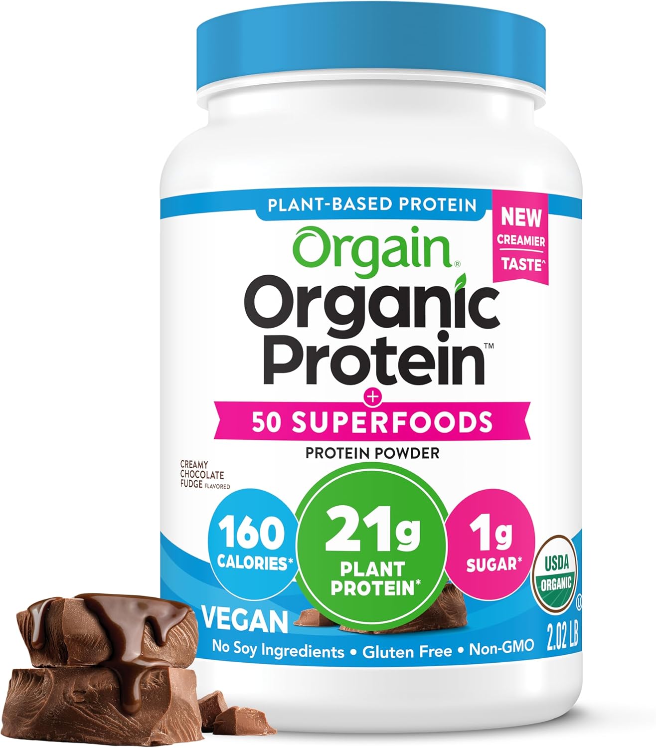 Orgain Organic Vegan Protein Powder with 50 Superfoods - Creamy Chocolate Fudge, 21g Plant Based Protein, 10g Prebiotic Fiber, Non-GMO - 2.02 lb Pack