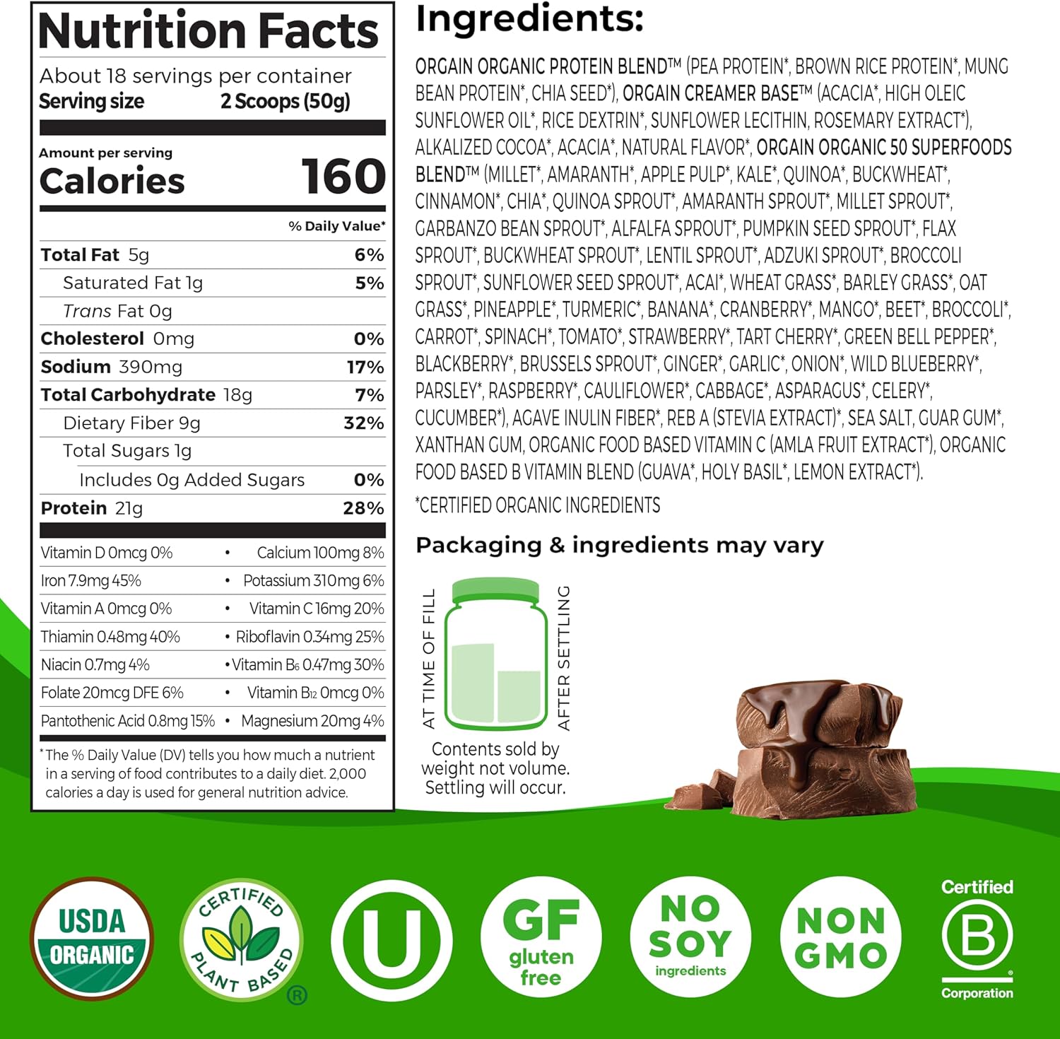 Orgain Organic Vegan Protein Powder with 50 Superfoods - Creamy Chocolate Fudge, 21g Plant Based Protein, 10g Prebiotic Fiber, Non-GMO - 2.02 lb Pack