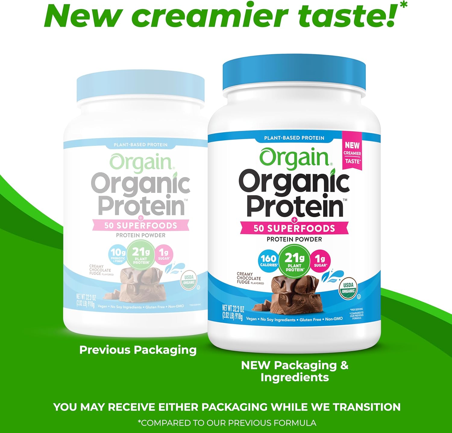 Orgain Organic Vegan Protein Powder with 50 Superfoods - Creamy Chocolate Fudge, 21g Plant Based Protein, 10g Prebiotic Fiber, Non-GMO - 2.02 lb Pack