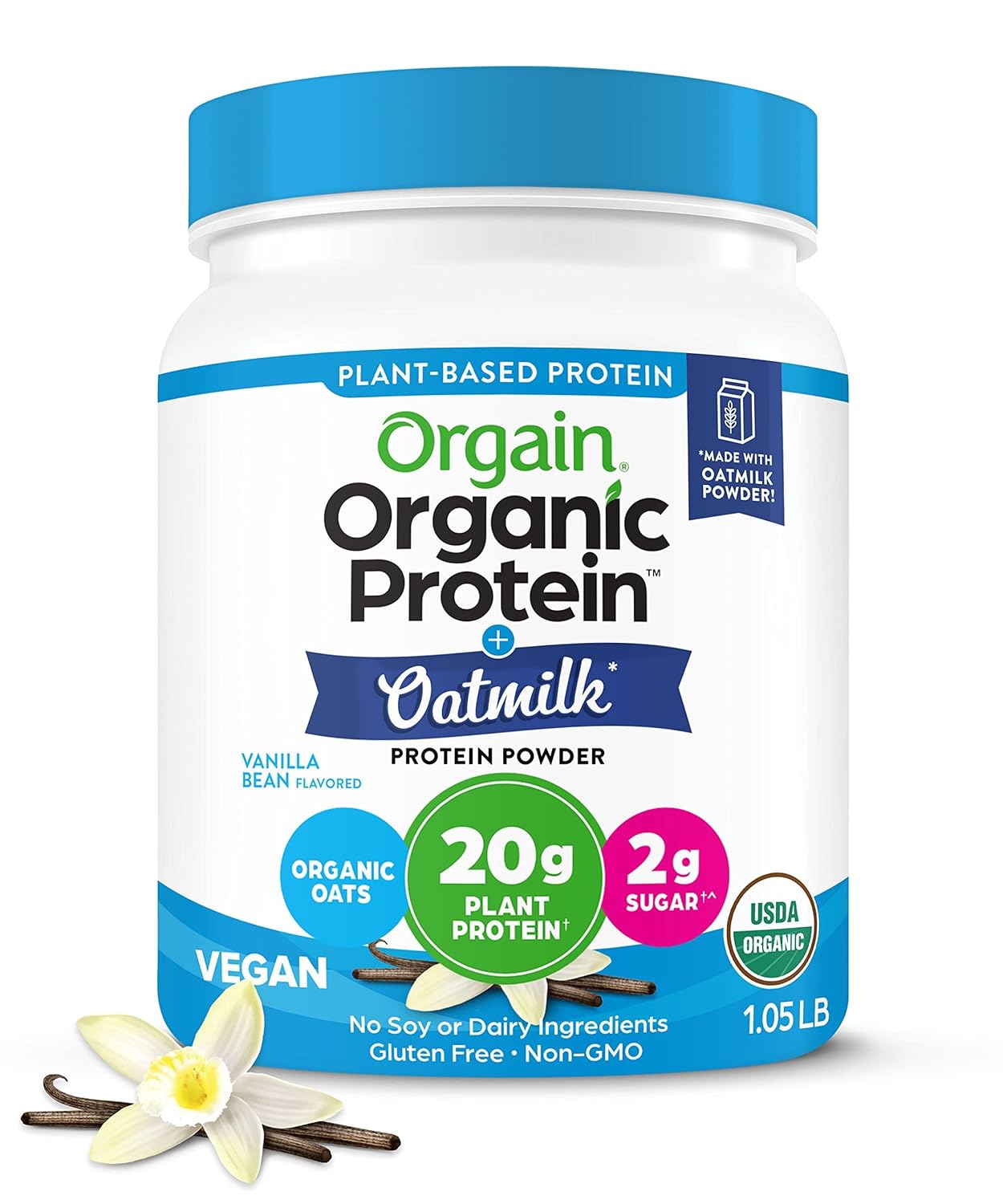 Orgain Organic Vegan Protein Powder with Oat Milk, Vanilla Bean - 20g Plant-Based Protein, Gluten-Free, Non-Dairy, Low Sugar, Non-GMO, Kosher - Ideal for Shakes & Smoothies - 1.05lb
