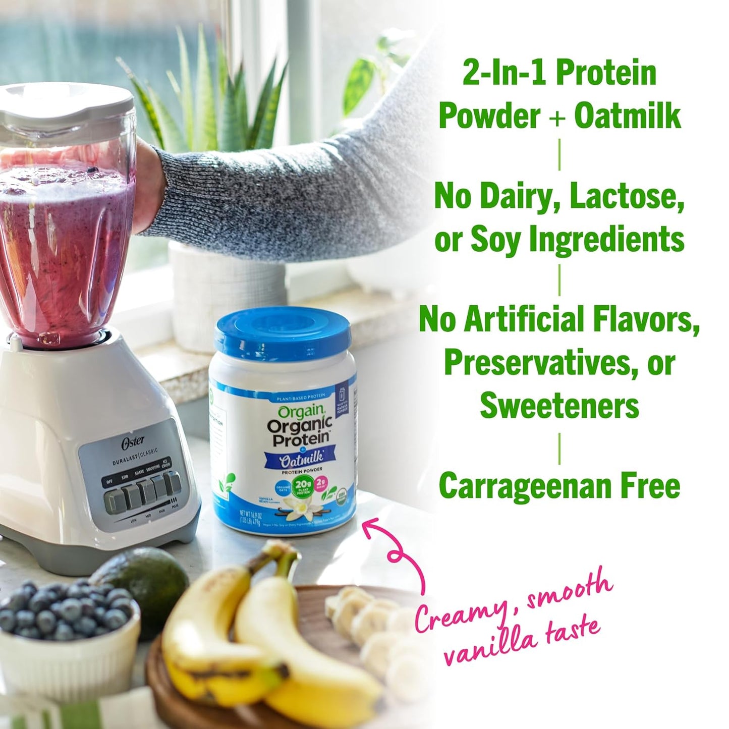 Orgain Organic Vegan Protein Powder with Oat Milk, Vanilla Bean - 20g Plant-Based Protein, Gluten-Free, Non-Dairy, Low Sugar, Non-GMO, Kosher - Ideal for Shakes & Smoothies - 1.05lb