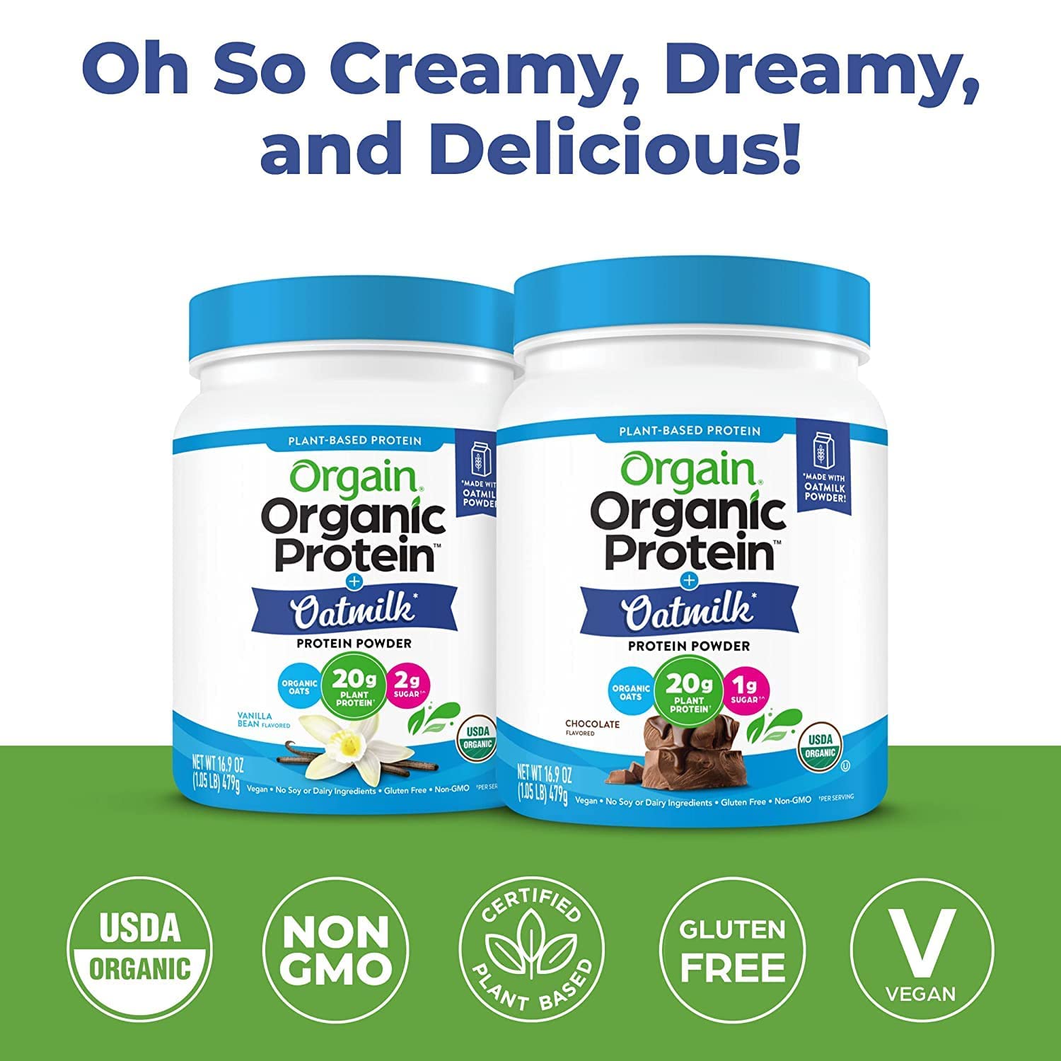 Orgain Organic Vegan Protein Powder with Oat Milk, Vanilla Bean - 20g Plant-Based Protein, Gluten-Free, Non-Dairy, Low Sugar, Non-GMO, Kosher - Ideal for Shakes & Smoothies - 1.05lb