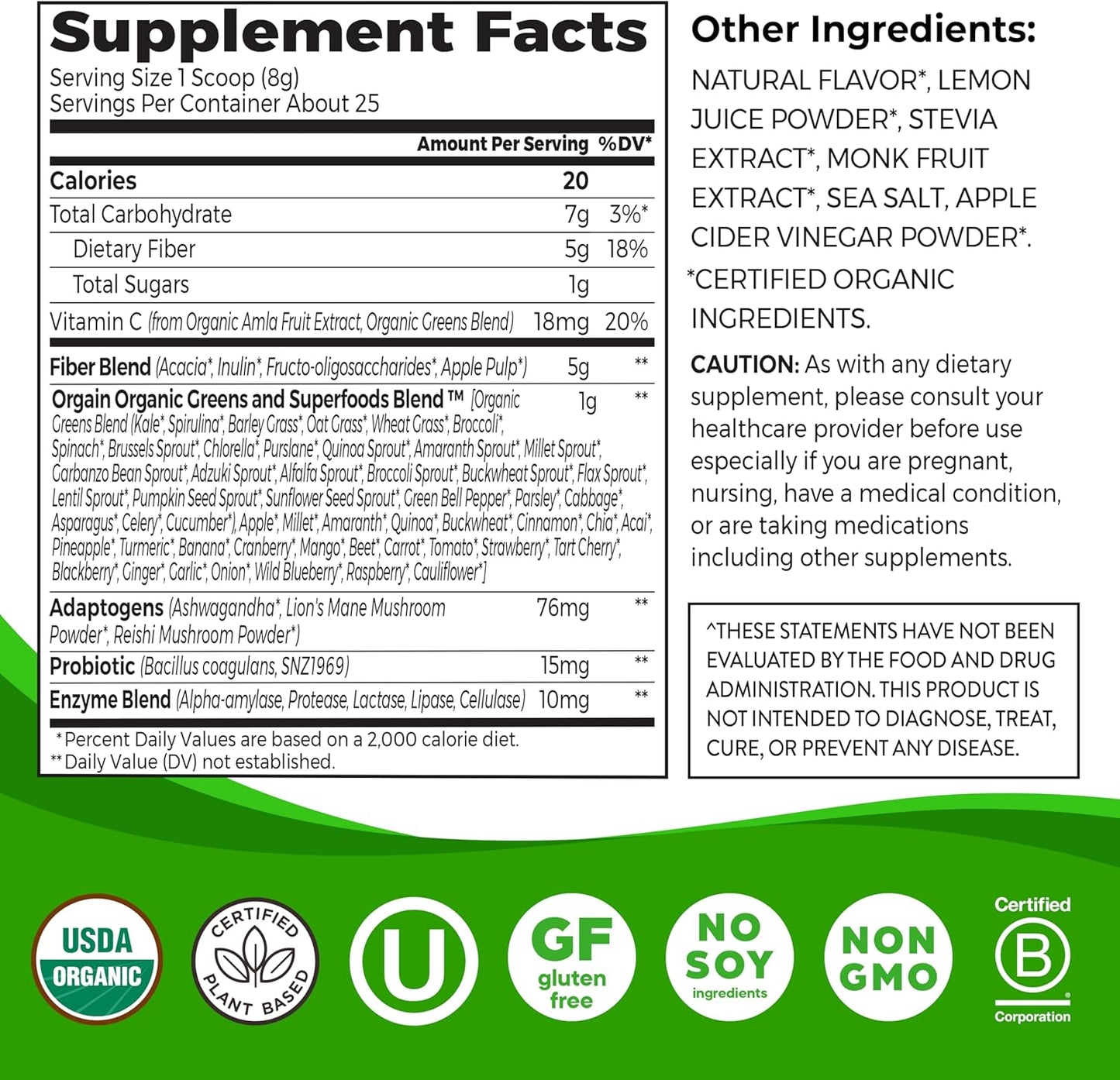 Orgain Organic Wonder Gut Fiber Supplement Powder with Probiotics, Greens, Vitamin C, Adaptogens - Non-GMO Strawberry Lemonade Flavor - 7.05 oz