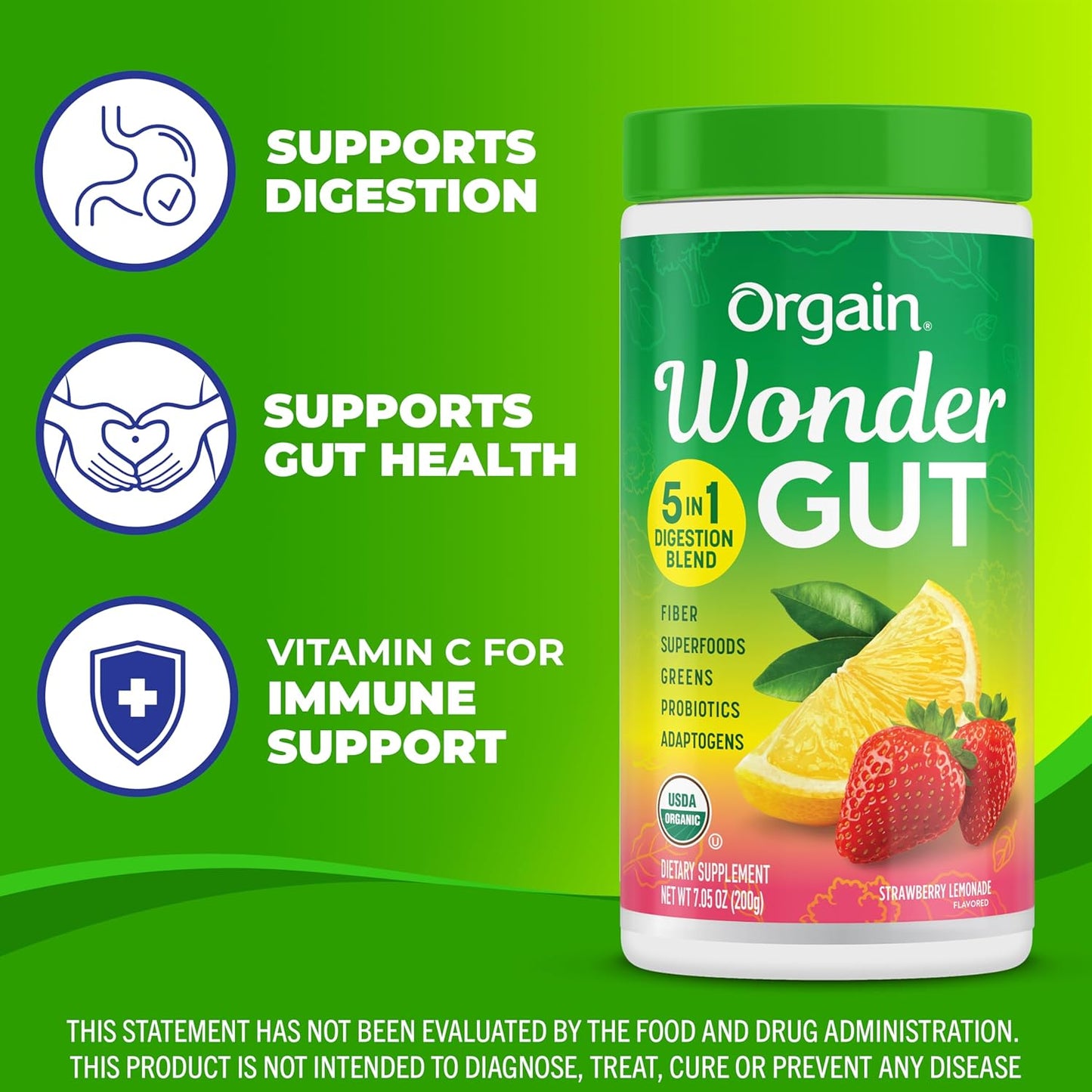 Orgain Organic Wonder Gut Fiber Supplement Powder with Probiotics, Greens, Vitamin C, Adaptogens - Non-GMO Strawberry Lemonade Flavor - 7.05 oz