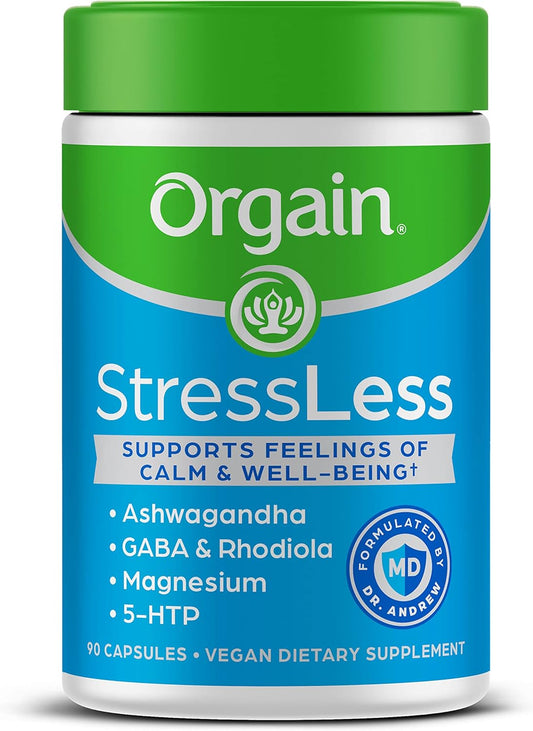 Orgain StressLess Vegan Supplement with Magnesium, Lemon Balm, GABA, 5 HTP - Doctor Formulated Stress Relief, 90 Count