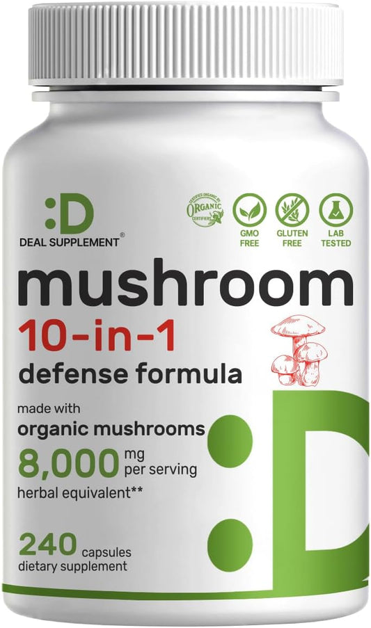 Organic 10-in-1 Mushroom Supplement 8,000mg Per Serving - 240 Capsules - Immune, Energy, Brain Support - Non-GMO
