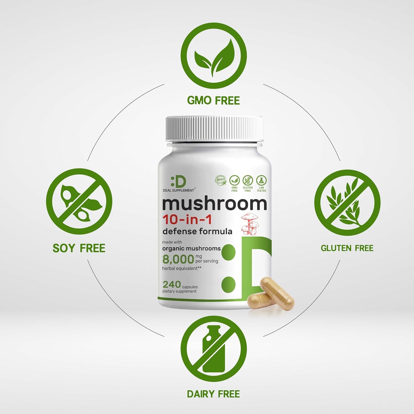 Organic 10-in-1 Mushroom Supplement 8,000mg Per Serving - 240 Capsules - Immune, Energy, Brain Support - Non-GMO