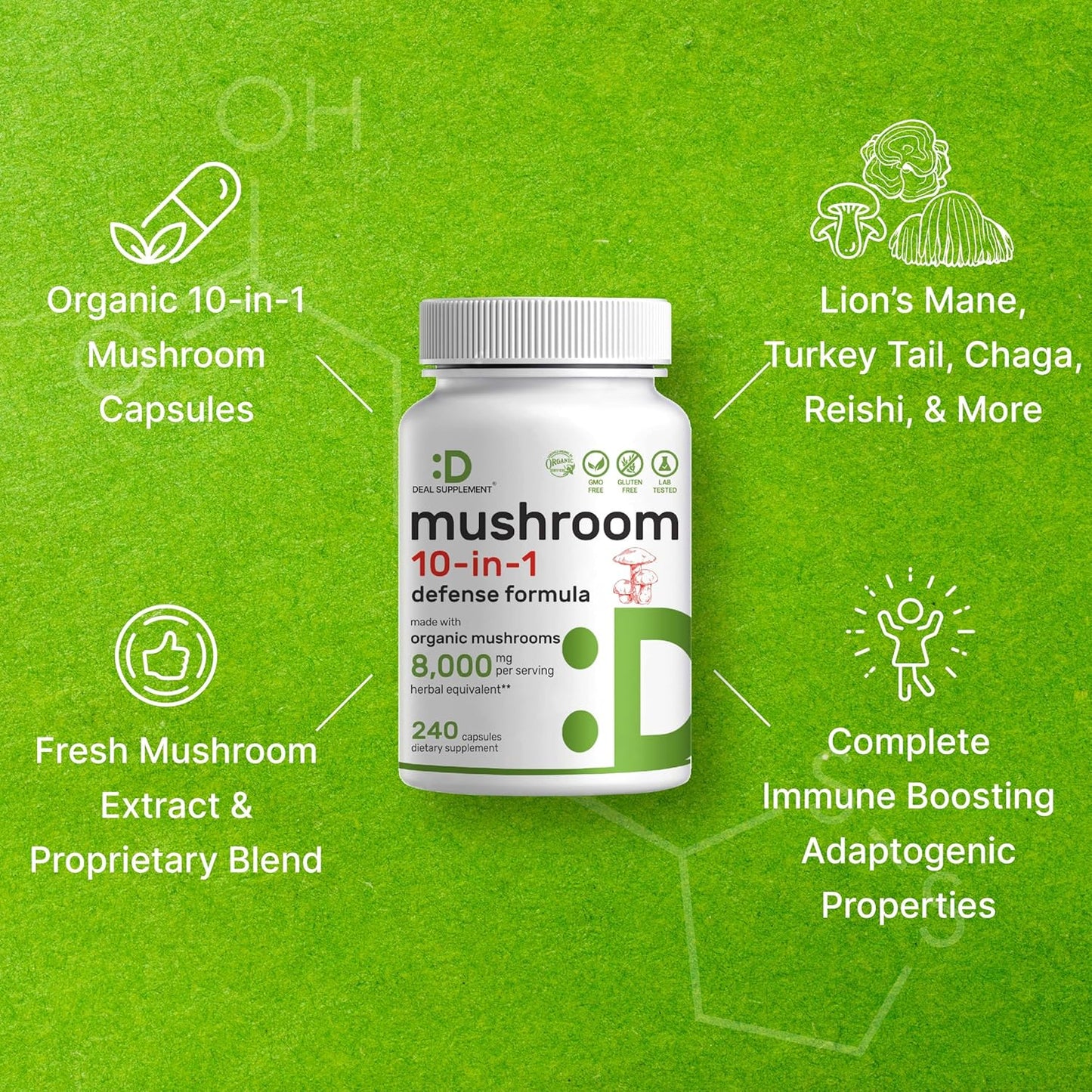 Organic 10-in-1 Mushroom Supplement 8,000mg Per Serving - 240 Capsules - Immune, Energy, Brain Support - Non-GMO