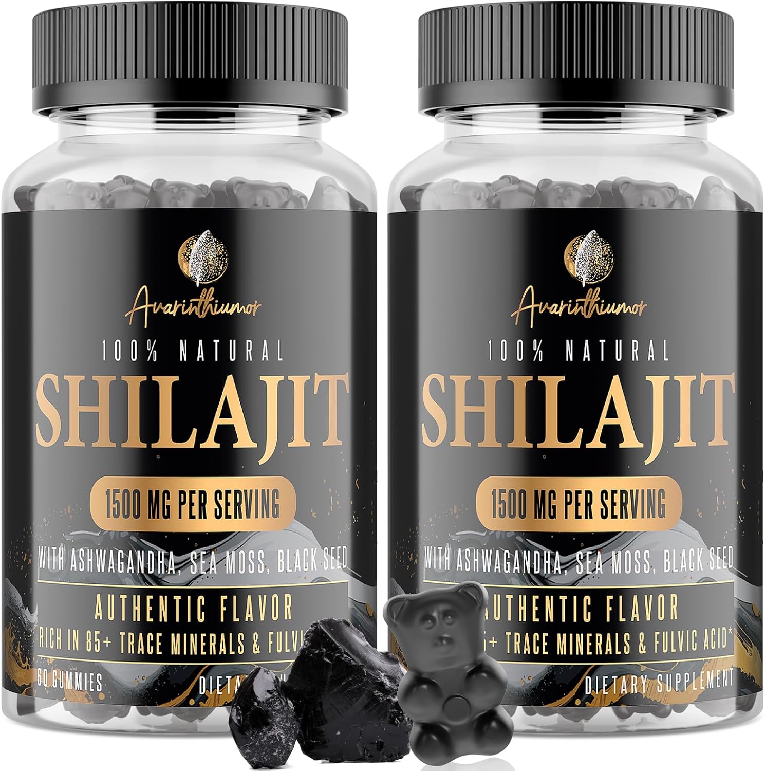Organic 1500MG Shilajit Gummies with Ashwagandha, Sea Moss & Black Seed - 85+ Trace Minerals, Authentic Flavor - 120 Gummies for Men & Women