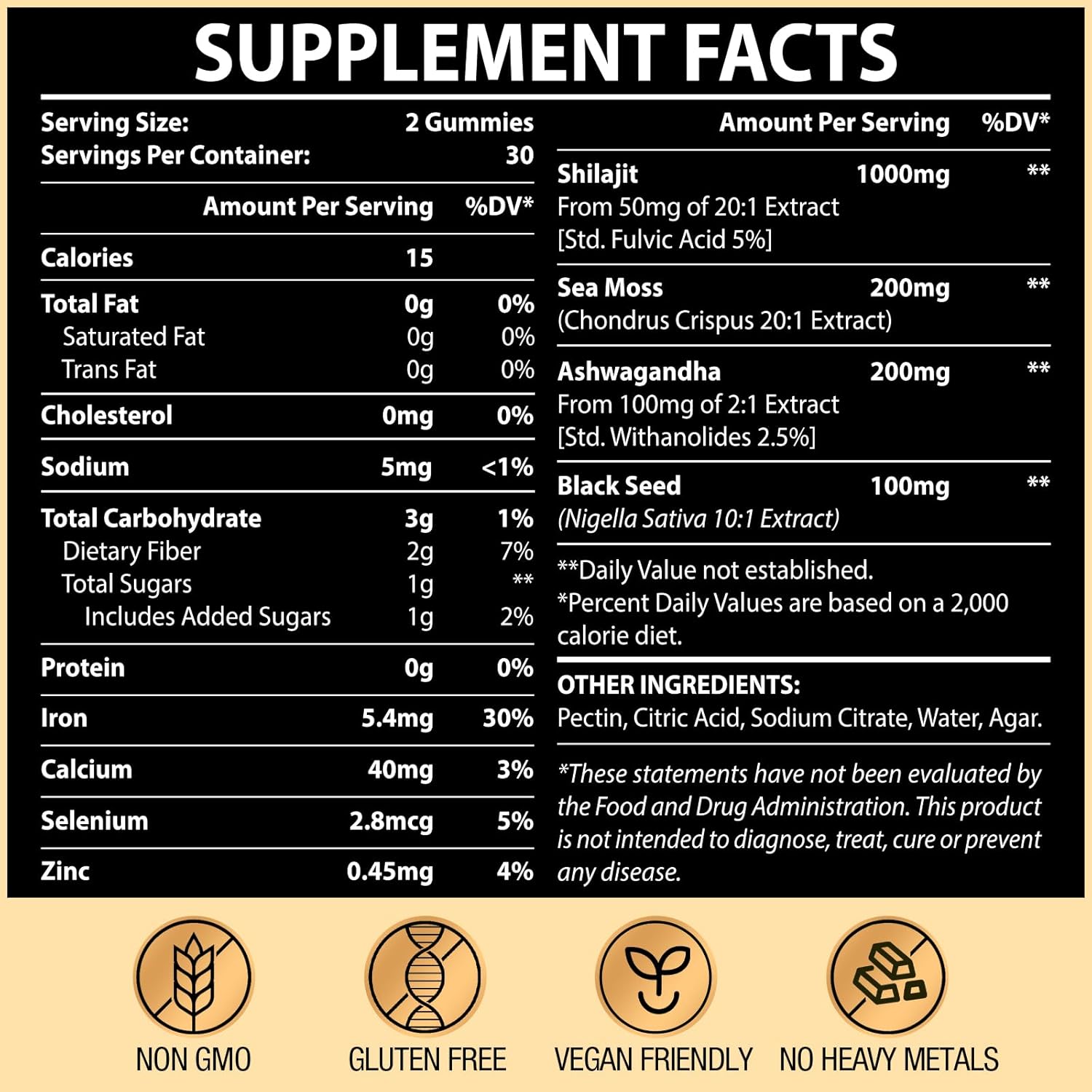 Organic 1500MG Shilajit Gummies with Ashwagandha, Sea Moss & Black Seed - 85+ Trace Minerals, Authentic Flavor - 120 Gummies for Men & Women