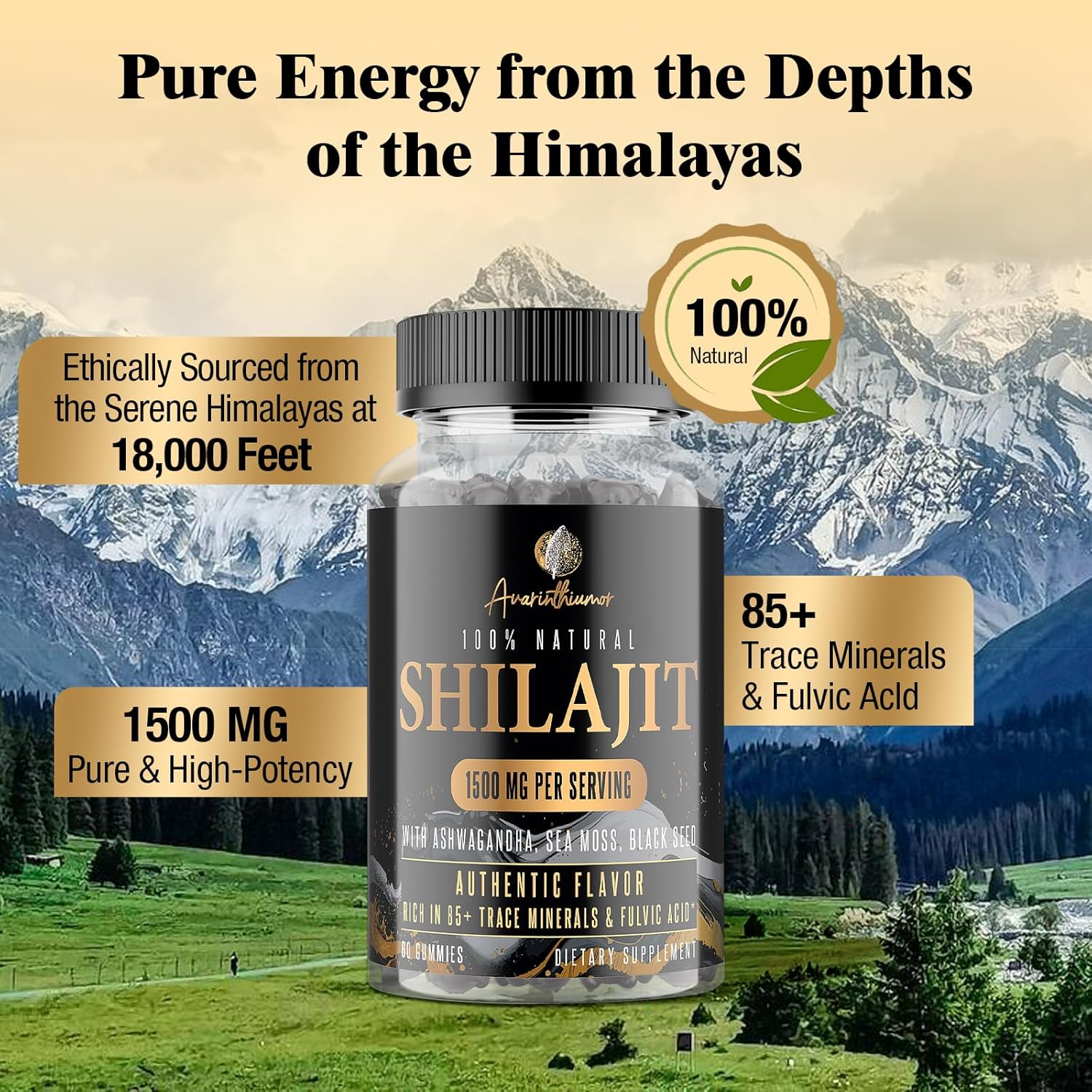 Organic 1500MG Shilajit Gummies with Ashwagandha, Sea Moss & Black Seed - 85+ Trace Minerals, Authentic Flavor - 120 Gummies for Men & Women