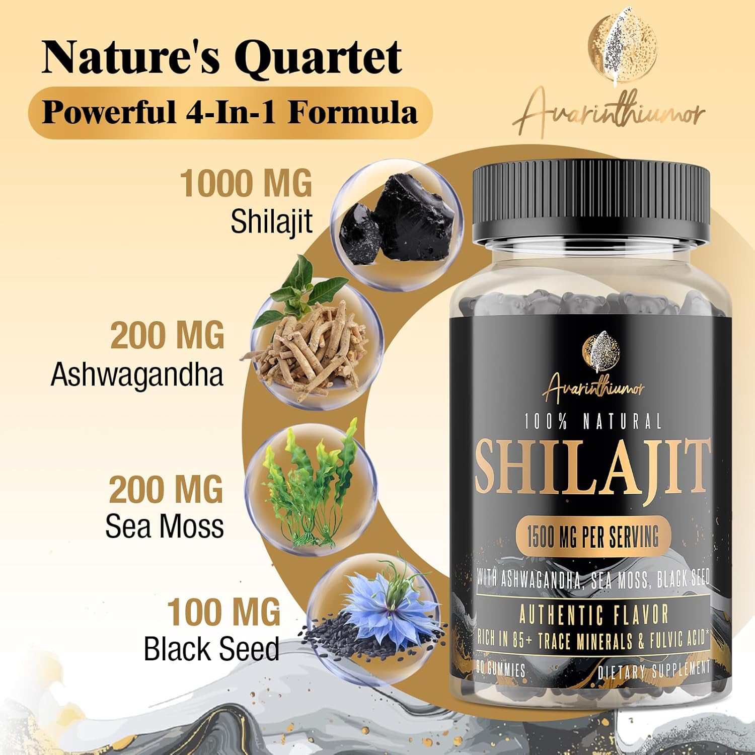 Organic 1500MG Shilajit Gummies with Ashwagandha, Sea Moss & Black Seed - 85+ Trace Minerals, Authentic Flavor - 120 Gummies for Men & Women