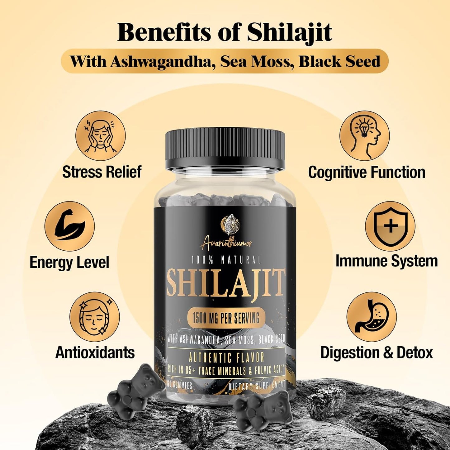 Organic 1500MG Shilajit Gummies with Ashwagandha, Sea Moss & Black Seed - 85+ Trace Minerals, Authentic Flavor - 120 Gummies for Men & Women