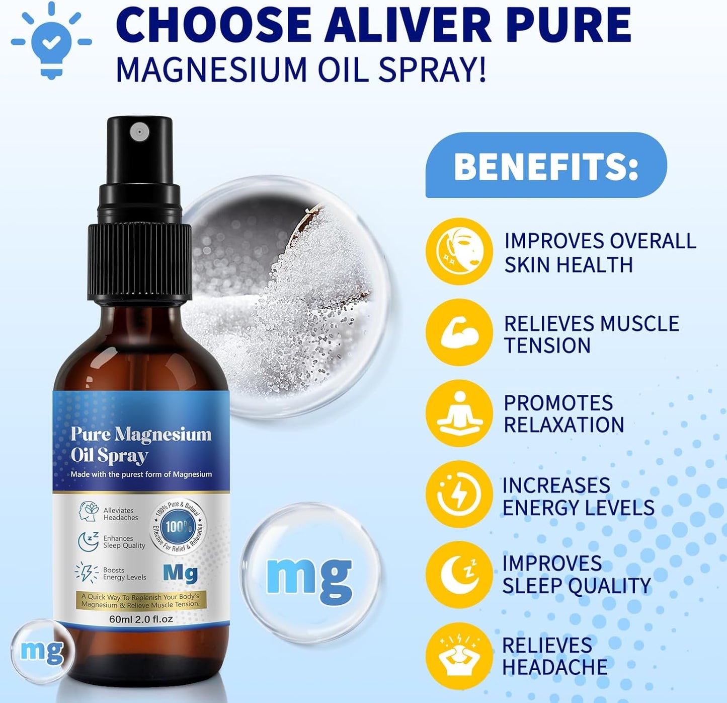Organic 2 Fl Oz High Concentration Magnesium Oil Spray - Non-GMO, Gluten-Free - Easy Absorption - Single Bottle