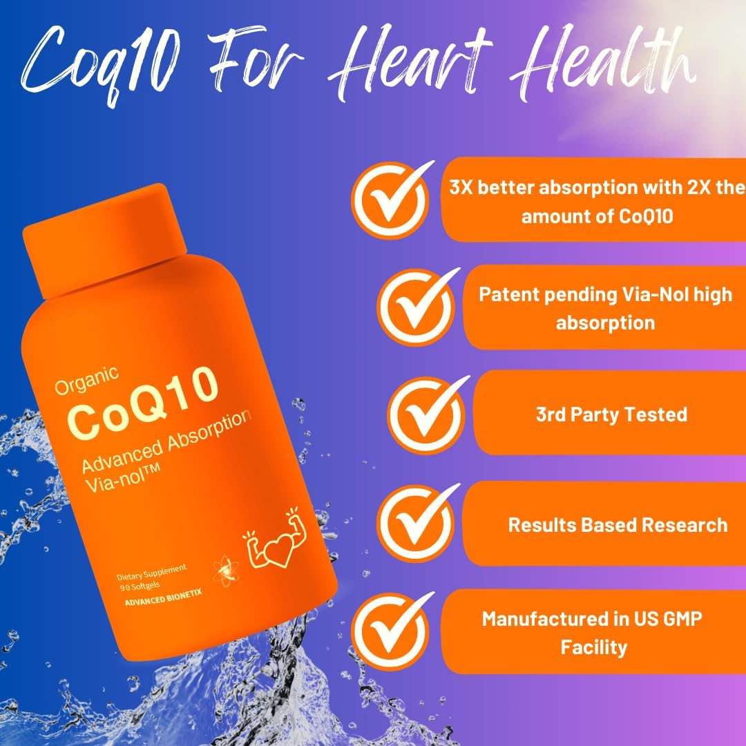Organic 200mg CoQ10 with Black Pepper Extract Softgels for Heart, Brain, & Energy - 90 Count