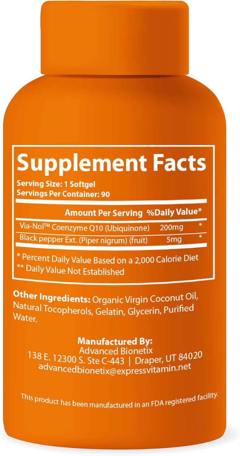 Organic 200mg CoQ10 with Black Pepper Extract Softgels for Heart, Brain, & Energy - 90 Count