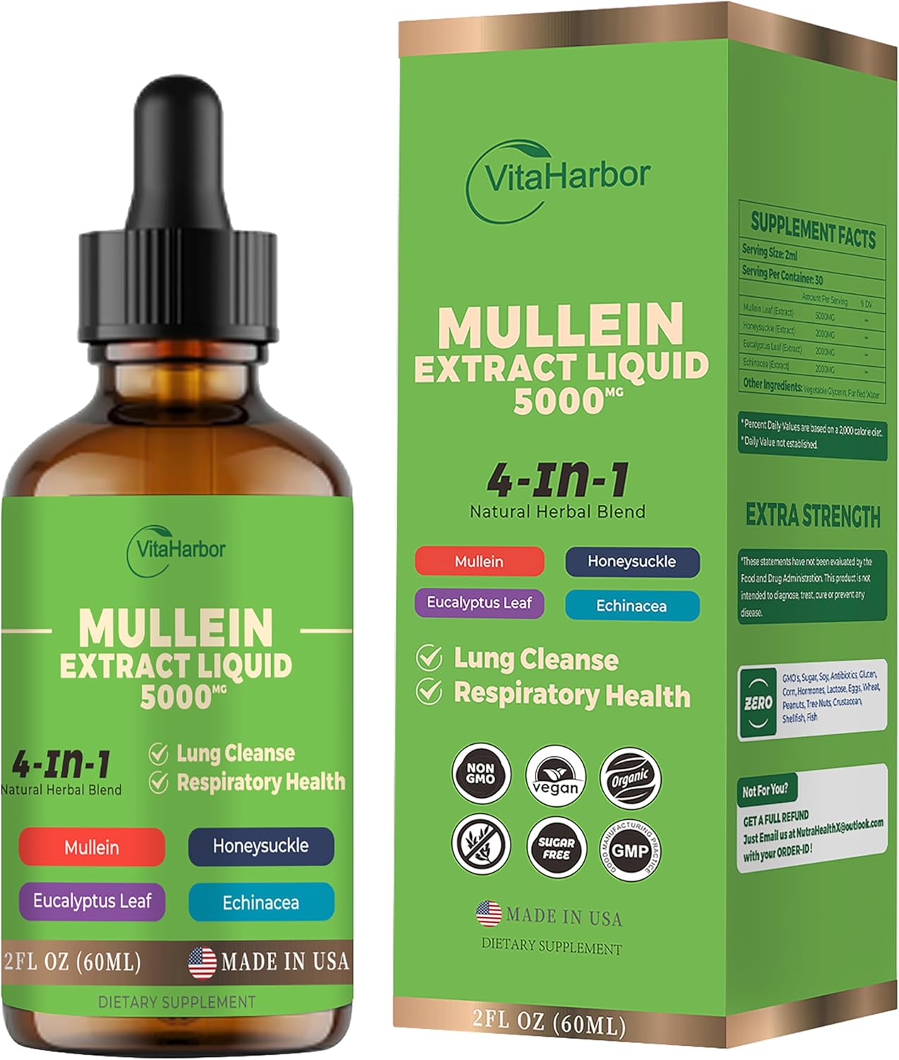 Organic 4-in-1 Mullein Drops for Lung Cleanse and Immune Support - 2 Fl oz Vegan Formula