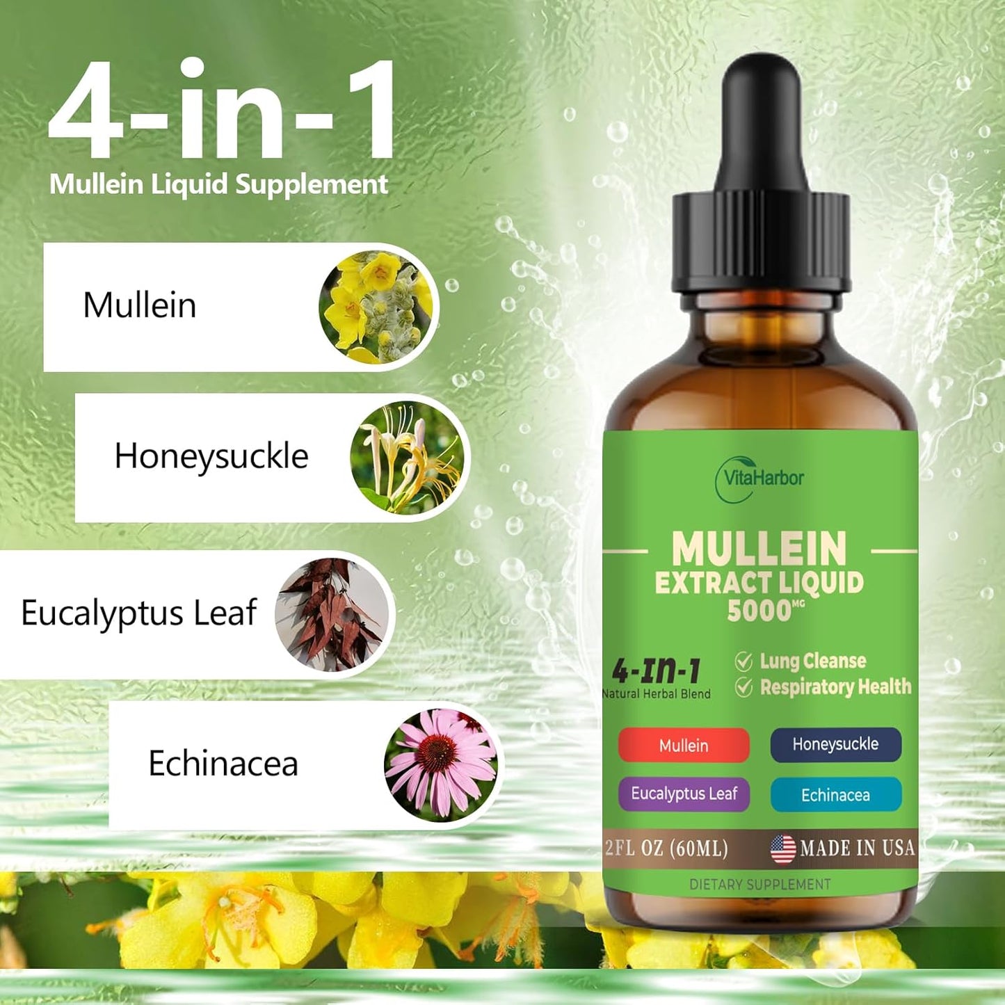 Organic 4-in-1 Mullein Drops for Lung Cleanse and Immune Support - 2 Fl oz Vegan Formula