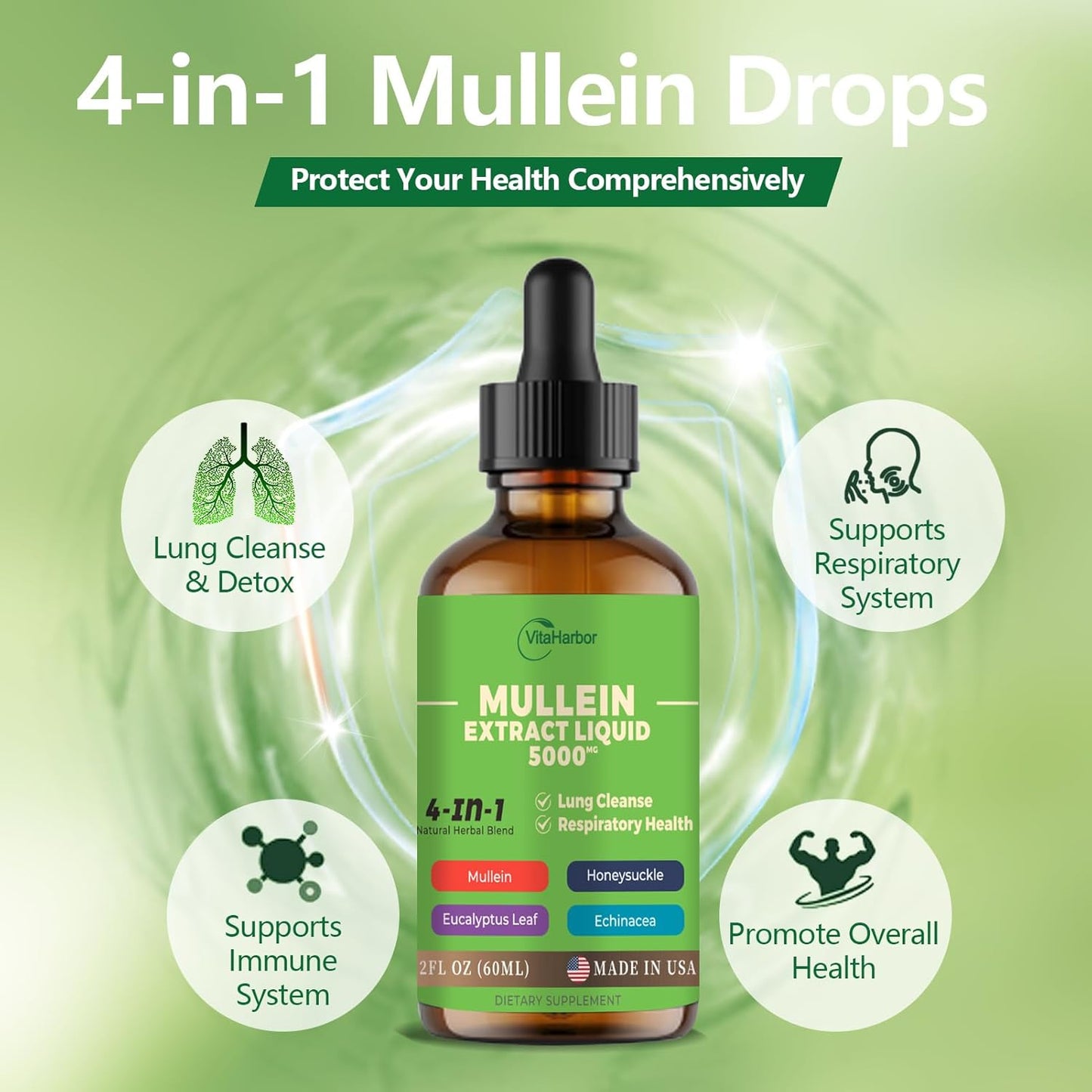 Organic 4-in-1 Mullein Drops for Lung Cleanse and Immune Support - 2 Fl oz Vegan Formula