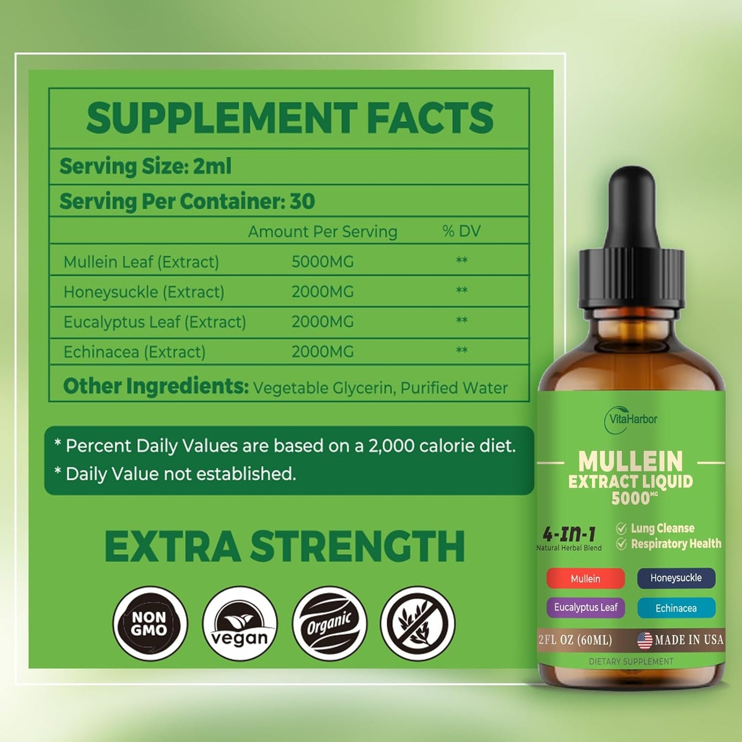 Organic 4-in-1 Mullein Drops for Lung Cleanse and Immune Support - 2 Fl oz Vegan Formula
