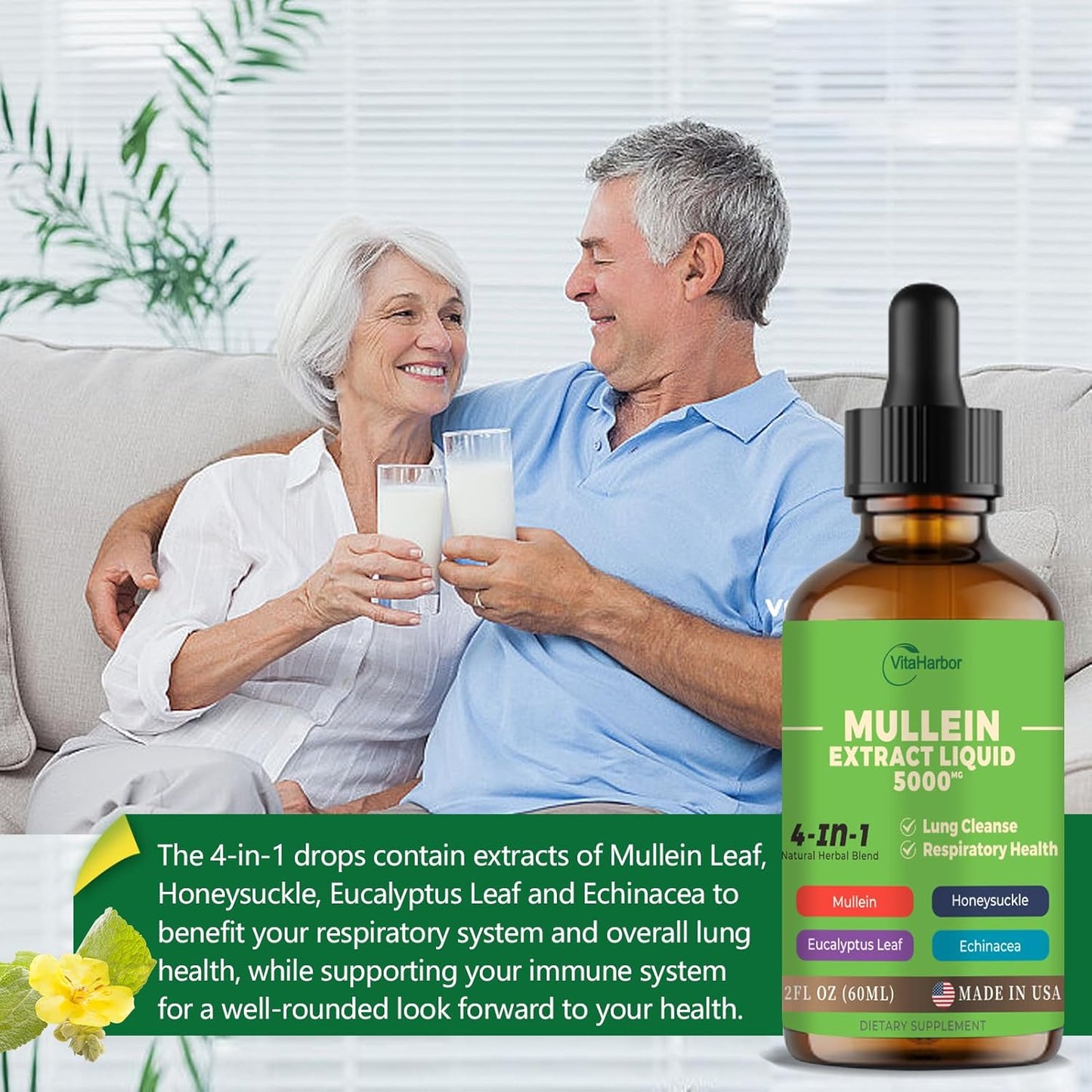 Organic 4-in-1 Mullein Drops for Lung Cleanse and Immune Support - 2 Fl oz Vegan Formula