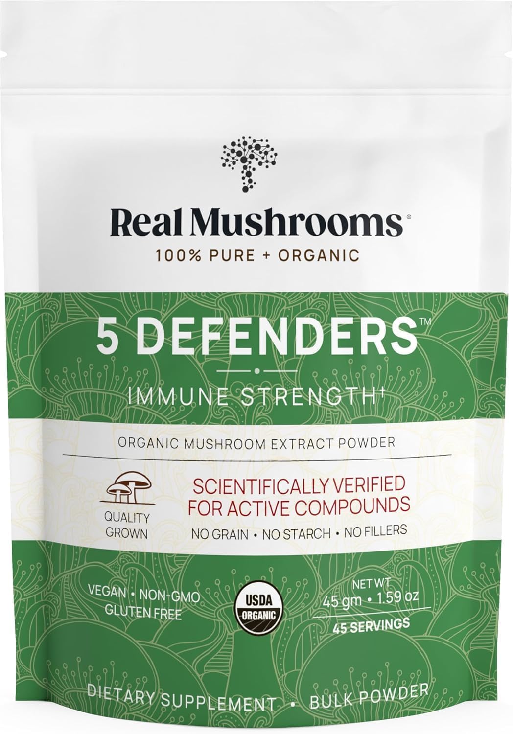 Organic 5 Defenders Mushroom Powder Extract with Chaga, Shiitake, Maitake, Turkey Tail, Reishi - Vegan, Non-GMO, 45 Servings